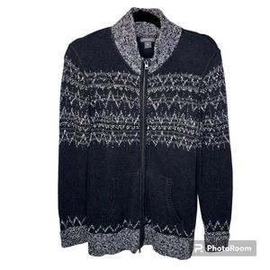 Eddie Bauer Sweater Men’s M Gray & White Full Front Zipper Cowl Neck Winter